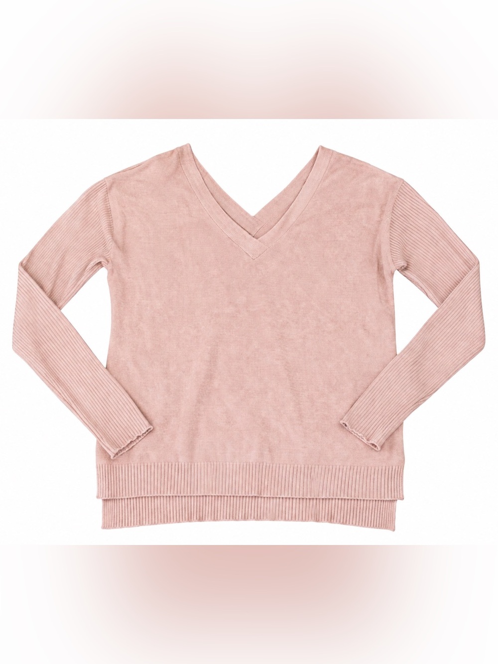 Light Pink V-Neck Ribbed-Sleeve Sweater